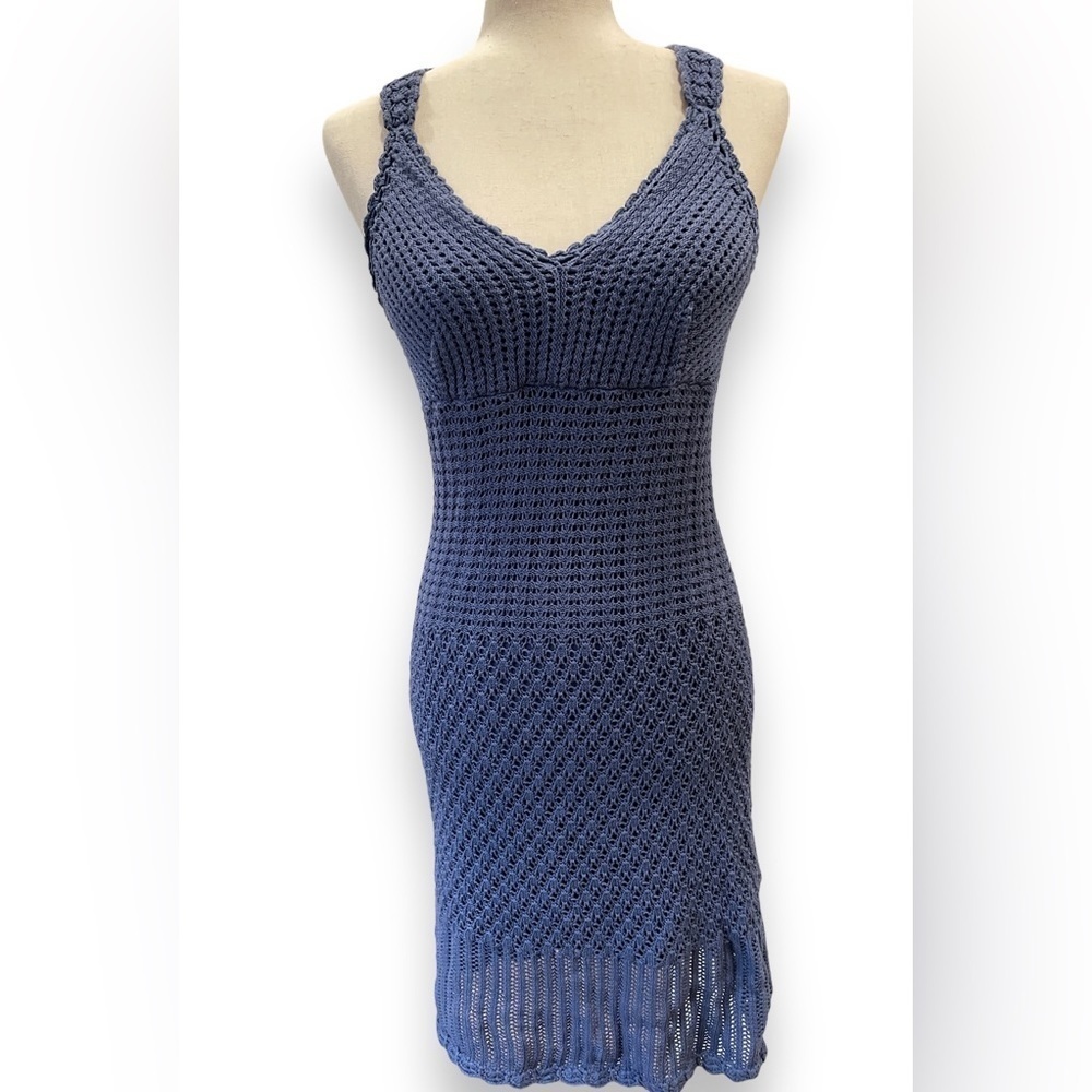 Athleta Capri Blue Periwinkle Crochet Knit Cross Strap Boho Dress w Padded top